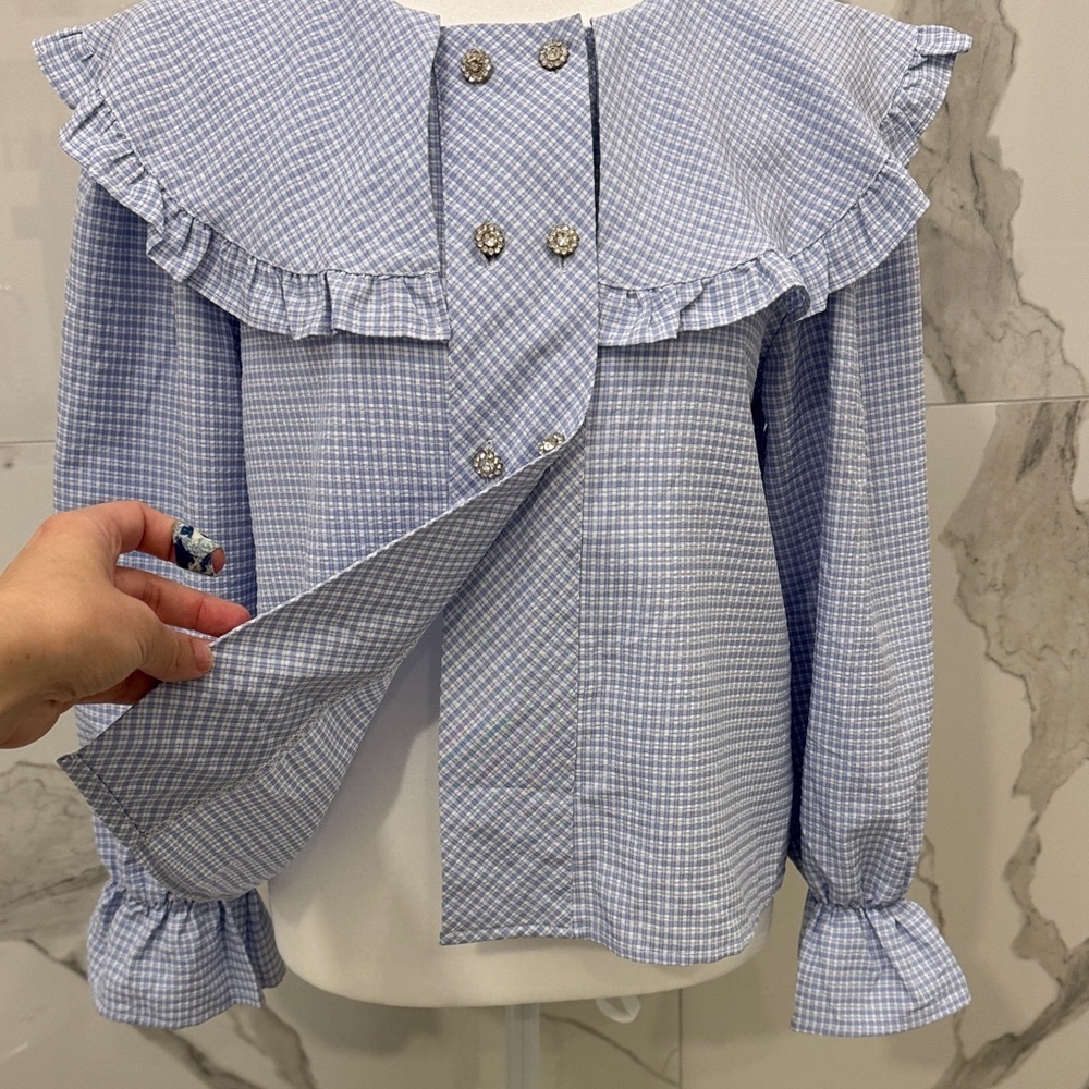 J.ING Light Blue Gingham Ruffle Collar Blouse - Picture 5 of 9